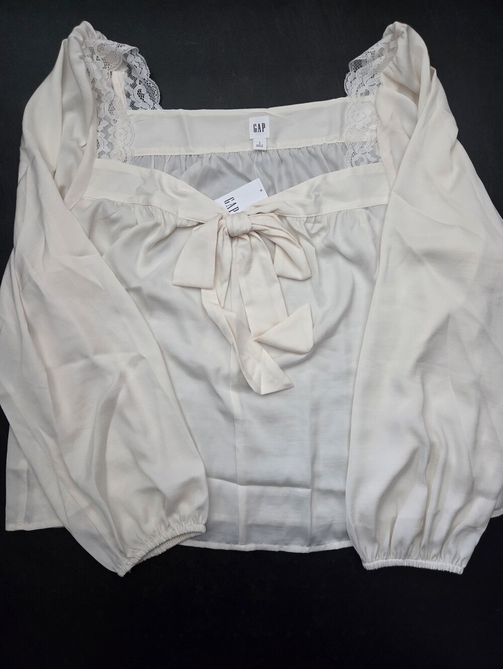 NWT - GAP Oversized Lace Trim Cream Long-Sleeve Tie-Front Blouse - Size XL - Picture 6 of 13